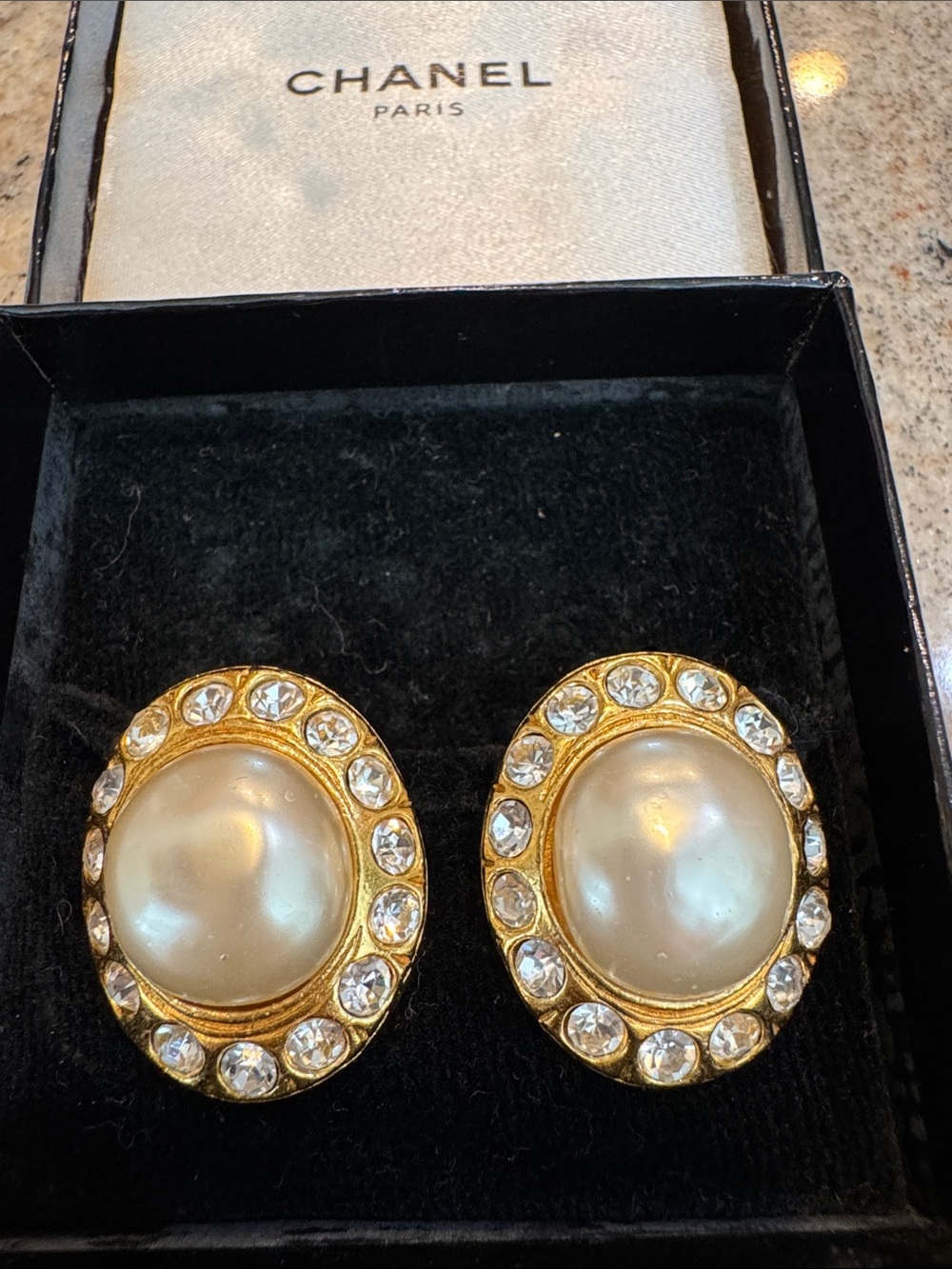 Vintage Chanel Faux Pearl and Rhinestone Earrings